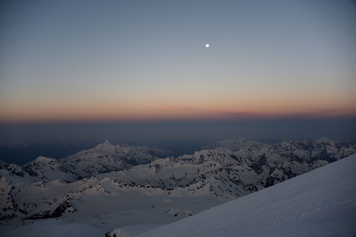 02C Moon Over Mounts Shdavleri, Azau, Gvandra To The Southwest Just Before Sunrise From Mount Elbrus Climb